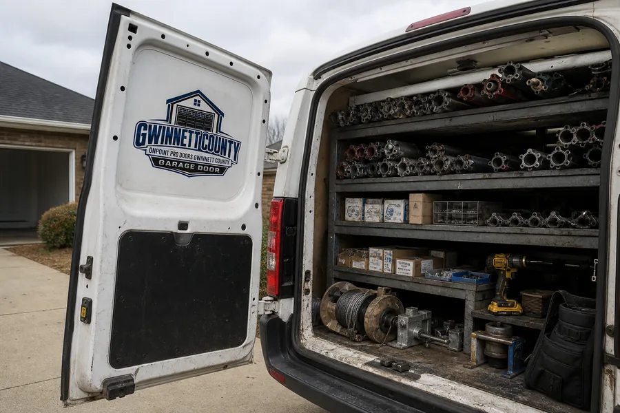 Inside the OnPoint Pro Doors Atlanta van: springs, rollers, drums and hinges stocked for Atlanta