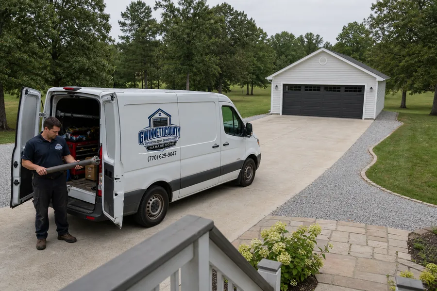 A OnPoint Pro Doors Atlanta technician bringing a torsion spring from the van in Atlanta, GA